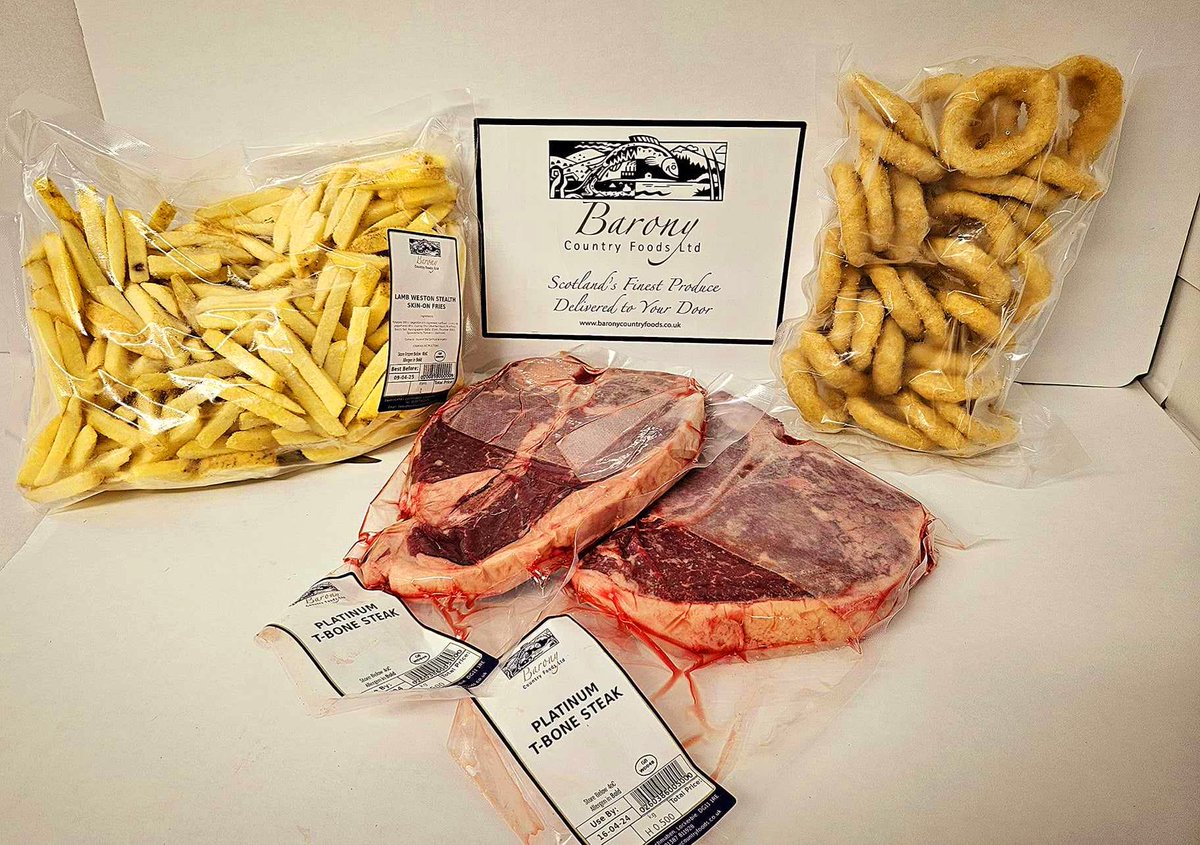 Wow, now this is a great deal from Barony Country Foods. 2 x Platinum 16oz Beef 'T' Bone Steaks. 1 Kg Pack Weston's Skin-On Fries 454g Pack Battered Onion Rings. Both the fries and onion rings are ideal done in the air-fryer. #TBoneSteak #shoplocal #Lochmaben