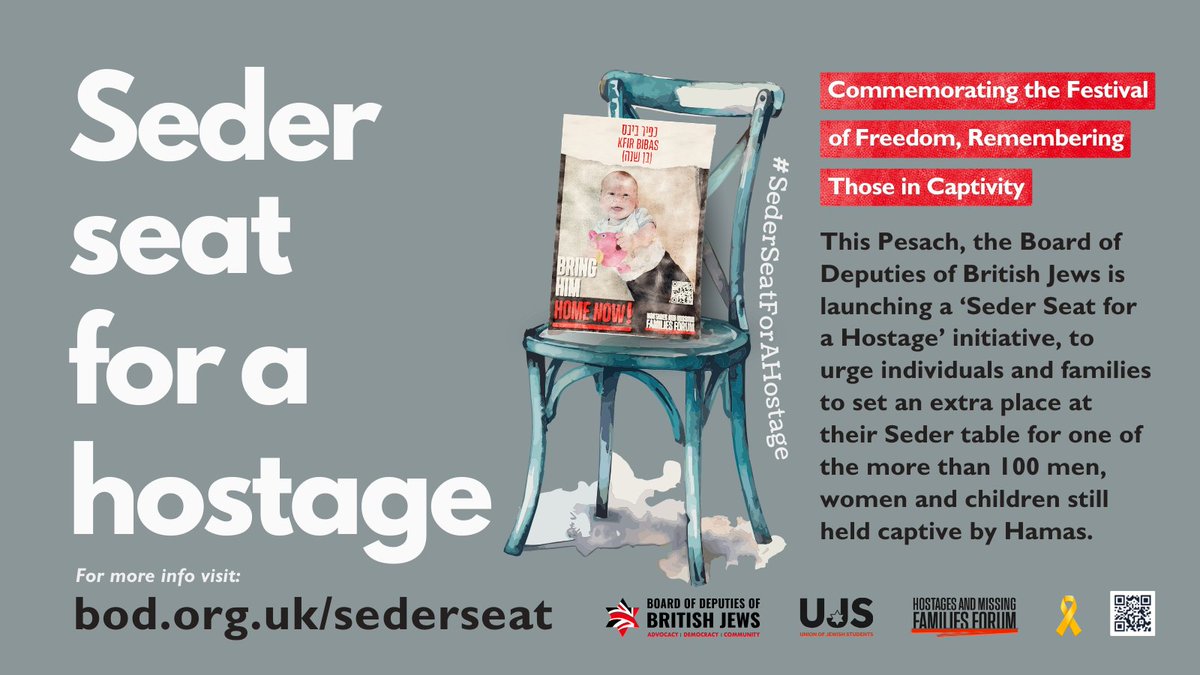 This Pesach, we are joining @BoardofDeputies in urging families to set an extra place at their seder table for one of the more than 100 men, women, and children still held hostage by Hamas. #SederSeatForAHostage #BringThemHomeNow For more info, visit: bod.org.uk/sederseat