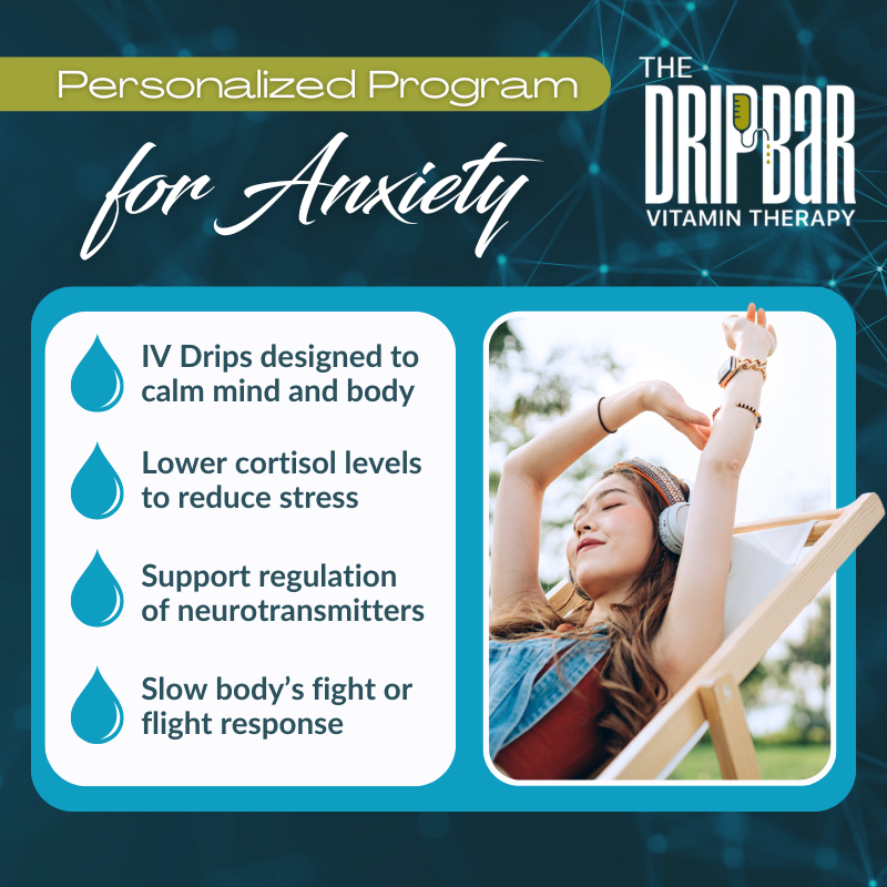 The_DRIPBaR's tweet photo. Using calming IV Drips, our Personalized Program for Anxiety aims to help manage symptoms and improve stress levels. (Not intended to diagnose, treat, cure, or prevent any disease.  Please see FDA Disclaimer on our website.) #StressRelief #StressAwareness #TheDRIPBaR https://t.co/DYcpQQu1ao