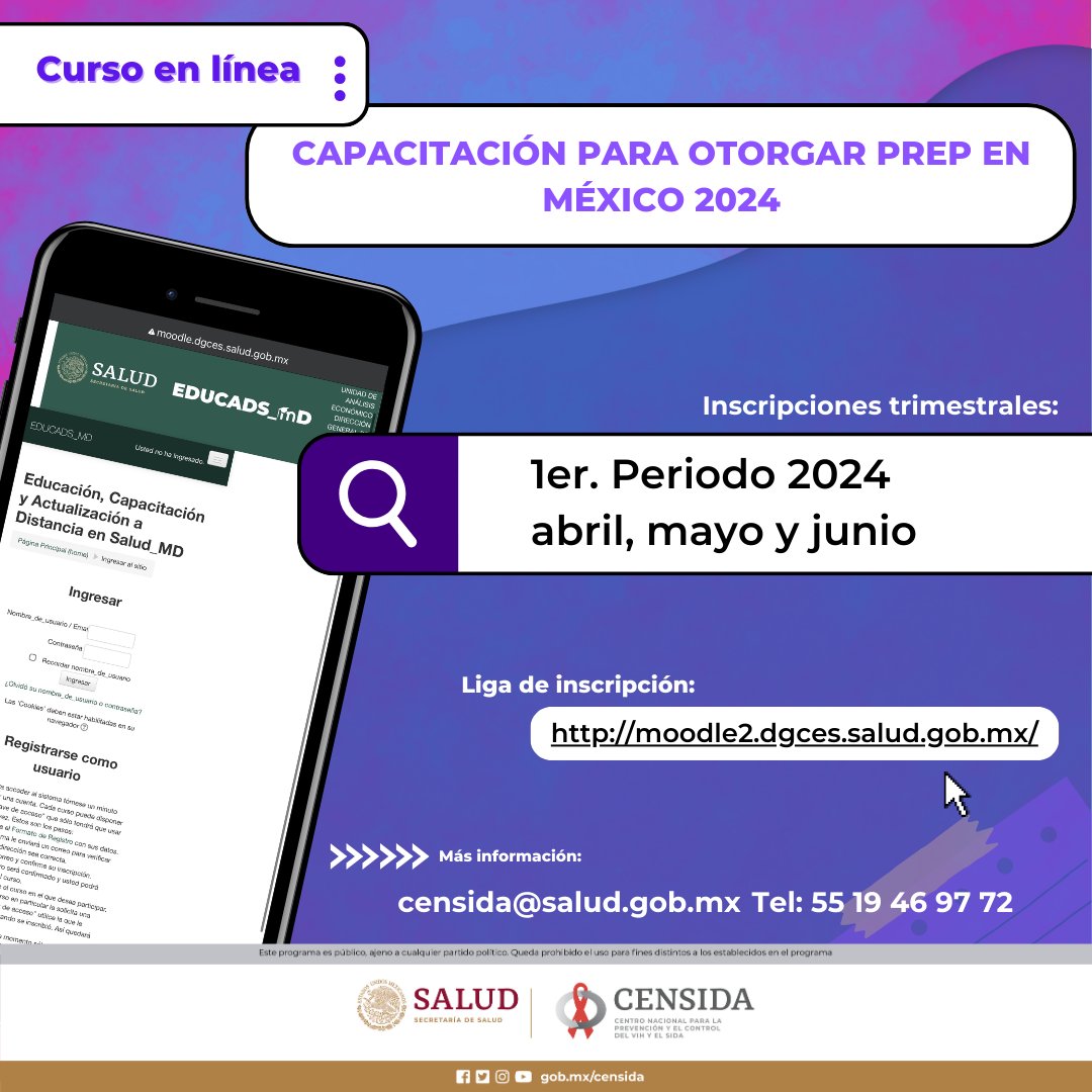 Si realizas trabajo relacionado al #VIH , te invitamos a tomar el “Curso virtual para otorgar PrEP en México”. te ayudará a conocer cómo implementar la profilaxis previa a la exposición (PrEP). Inscríbete en: moodle2.dgces.salud.gob.mx/moodle/