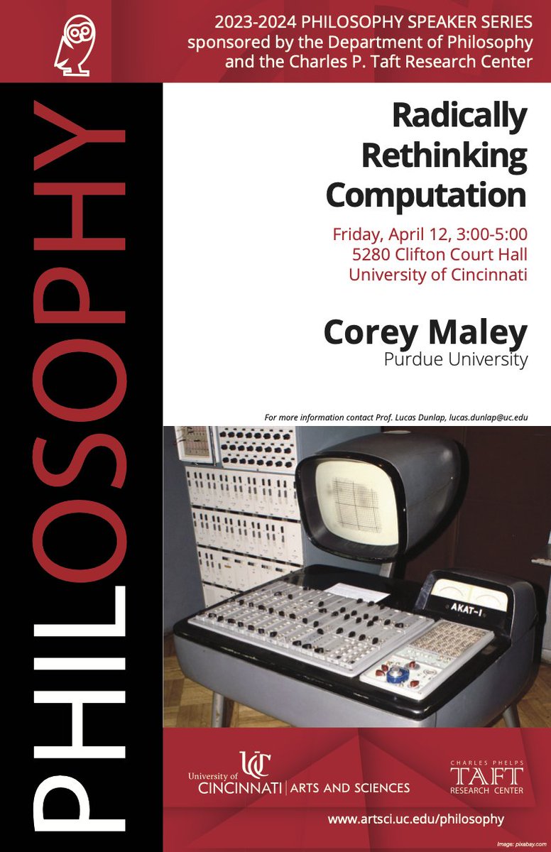 📢 The next speaker in the Philosophy Speaker Series is <a href="/CoreyJMaley/">Corey J. Maley</a> (Purdue University <a href="/LifeAtPurdue/">Purdue University</a>). His talk is titled "Radically Rethinking Computation" and will take place on Friday, April 12, 3:00-5:00 in 5280 Clifton Court Hall!