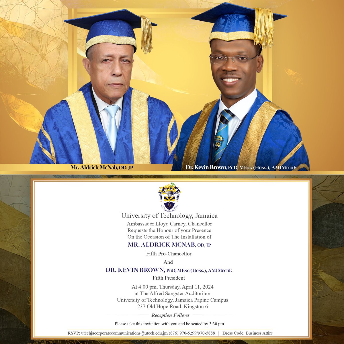 UTechJamaica's tweet photo. Join us on April 11 at 4pm for the official installation ceremony of our fifth Pro-Chancellor, Mr. Aldrick McNab, and our fifth President, Dr. Kevin Brown!
Catch the livestream on our official YouTube channel. Don't miss out on this historic event.
#utech #utechja #livestream https://t.co/cqFG6W0CBV