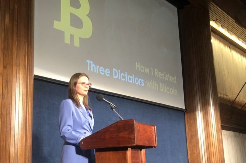 Excellent presentation by @LyudaKozlovska President of @ODFoundation at the #Bitcoin  Policy Summit. She told her story of being debanked & how her org uses #bitcoin to resist dictatorships. #Bitcoin protects financial freedom around the world. 🧡@btcpolicyorg