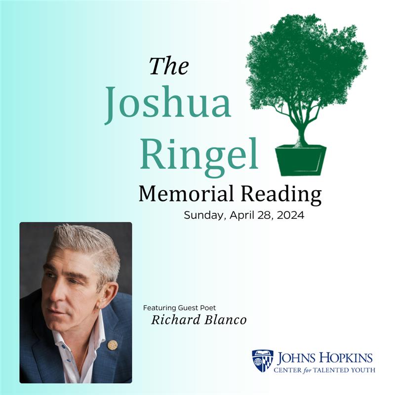 Celebrate #nationalpoetrymonth with a live #poetry reading! CTY's 2024 Joshua Ringel Memorial Poetry Reading will feature Richard Blanco (@rblancopoet), recipient of the National Humanities Medal. Free, all welcome. cty.jhu.edu/resources/ring… 📕4/28, 2:30 p.m. at @artbma