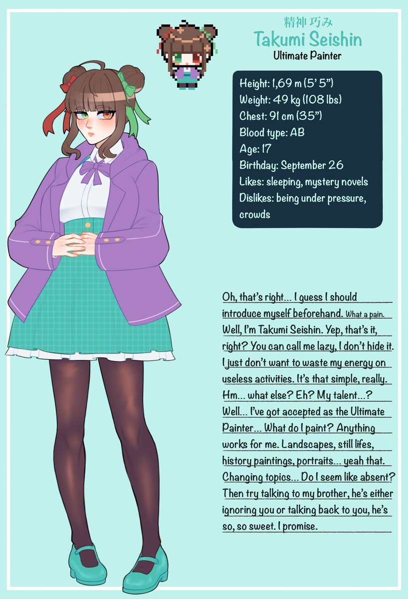 shinsousasageyo's tweet photo. So uhm, not sure if they’ll flop but here’s my danganronpa ocs and some comments about them from Takumi’s perspective 
Hope you like them! They’re so dear to me 🥺
#danganronpa https://t.co/nFcbyRDsz9