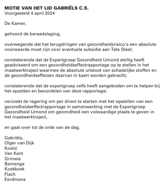 Aangenomen! Heel belangrijk. Zo gaat er direct bepaald worden wat er moet gebeuren, naast het sluiten van kooksfabriek 2, om de gezondheid  van de omwonenden van Tata voldoende te beschermen! Well done <a href="/Geert_gabriels/">Geert Gabriëls</a>!!