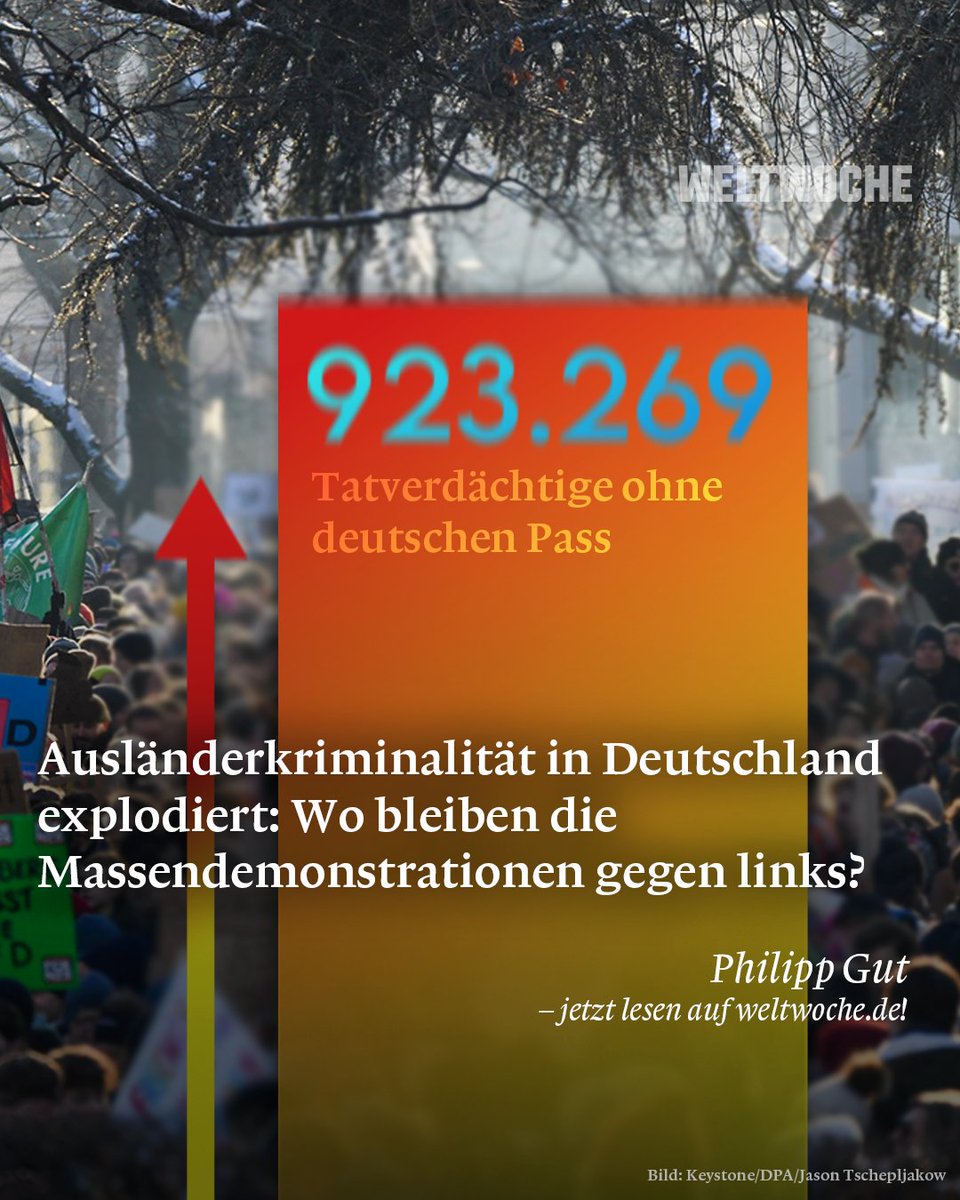 👉 #Ausländerkriminalität in #Deutschland explodiert: Wo bleiben die Massendemonstrationen gegen links? @PhGut Zum Artikel: weltwoche.de/daily/auslaend…