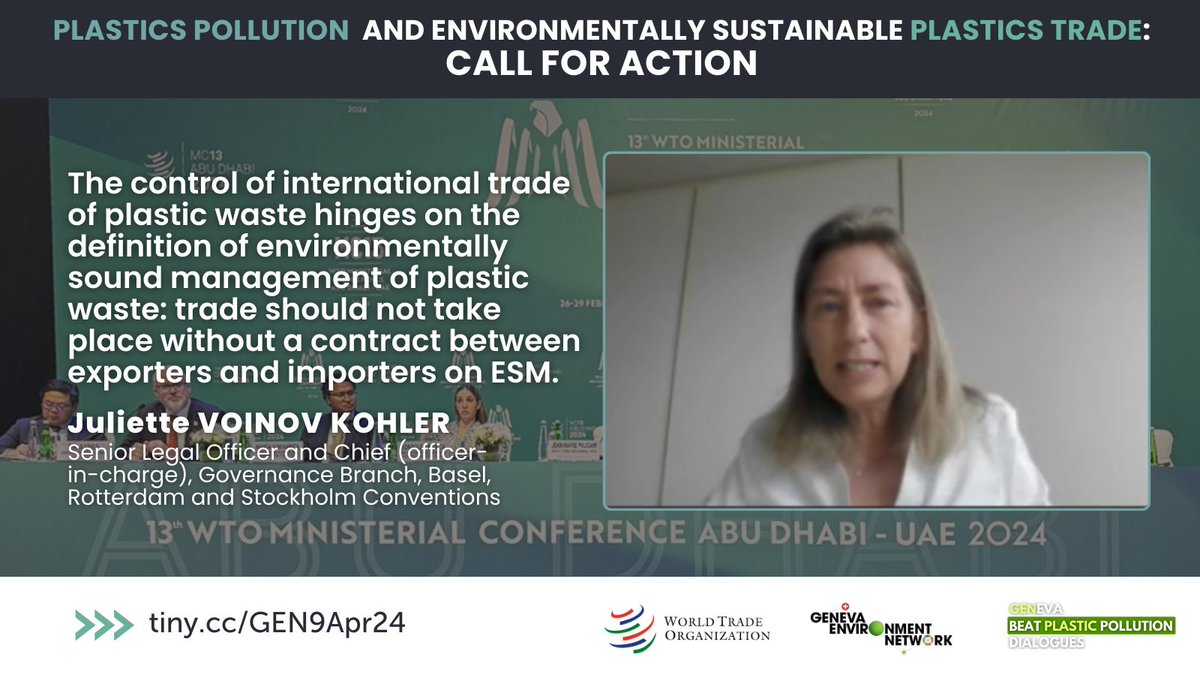 @wto @Ecuador_OMC @JvalenciaEc @MariaDanielaGF @Matthewbarbados @TESSForum @SugathanTrade @WCO_OMD @brsmeas @pewenvironment @UNCTADTrade @pewtrusts @meganjungwi @UNCTAD @chantalline @UNEP Juliette Voinov Kohler provides examples of possible cooperation between #DPP and other ongoing international processes, i.e. key elements under @brsmeas relevant to #PlasticsTreaty, such as the transboundary movement of plastic waste & control of plastic-related #chemicals.