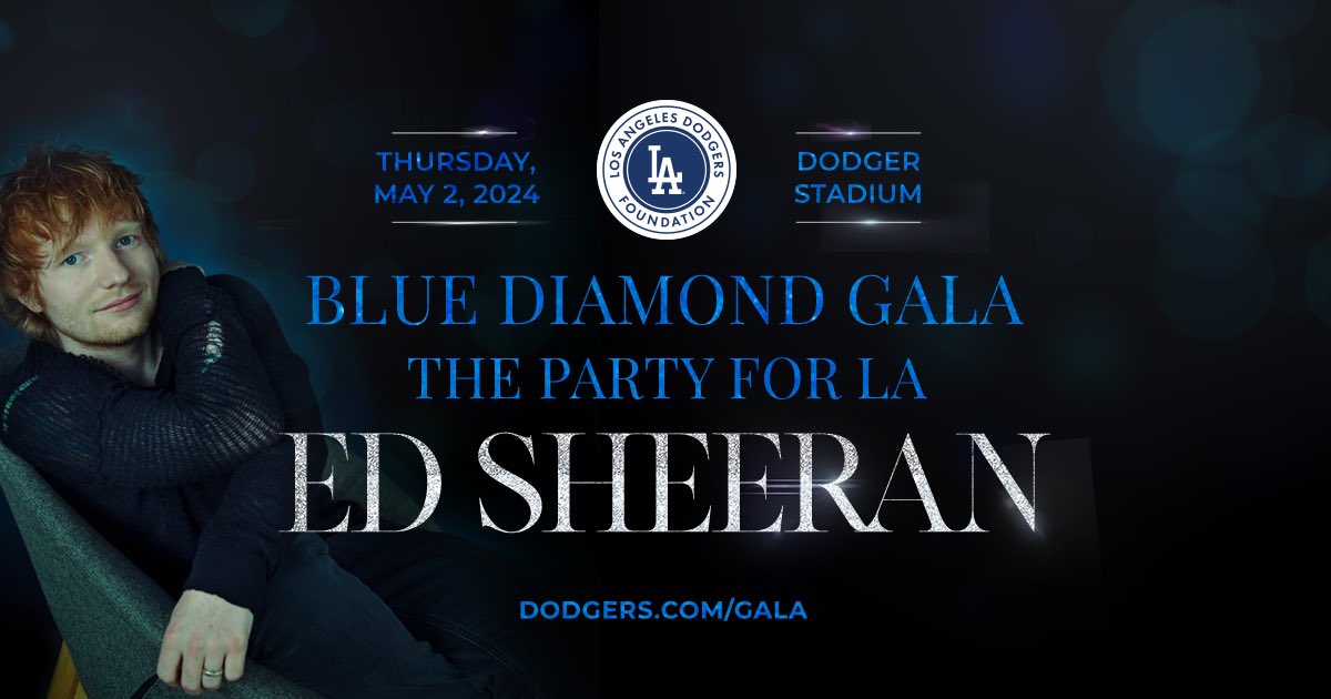Our annual Blue Diamond Gala is returning to Dodger Stadium on 5.2.24 with a private concert starring 4x Grammy award-winning global superstar Ed Sheeran. Visit Dodgers.com/gala for sponsorship and tickets. #LADFgala