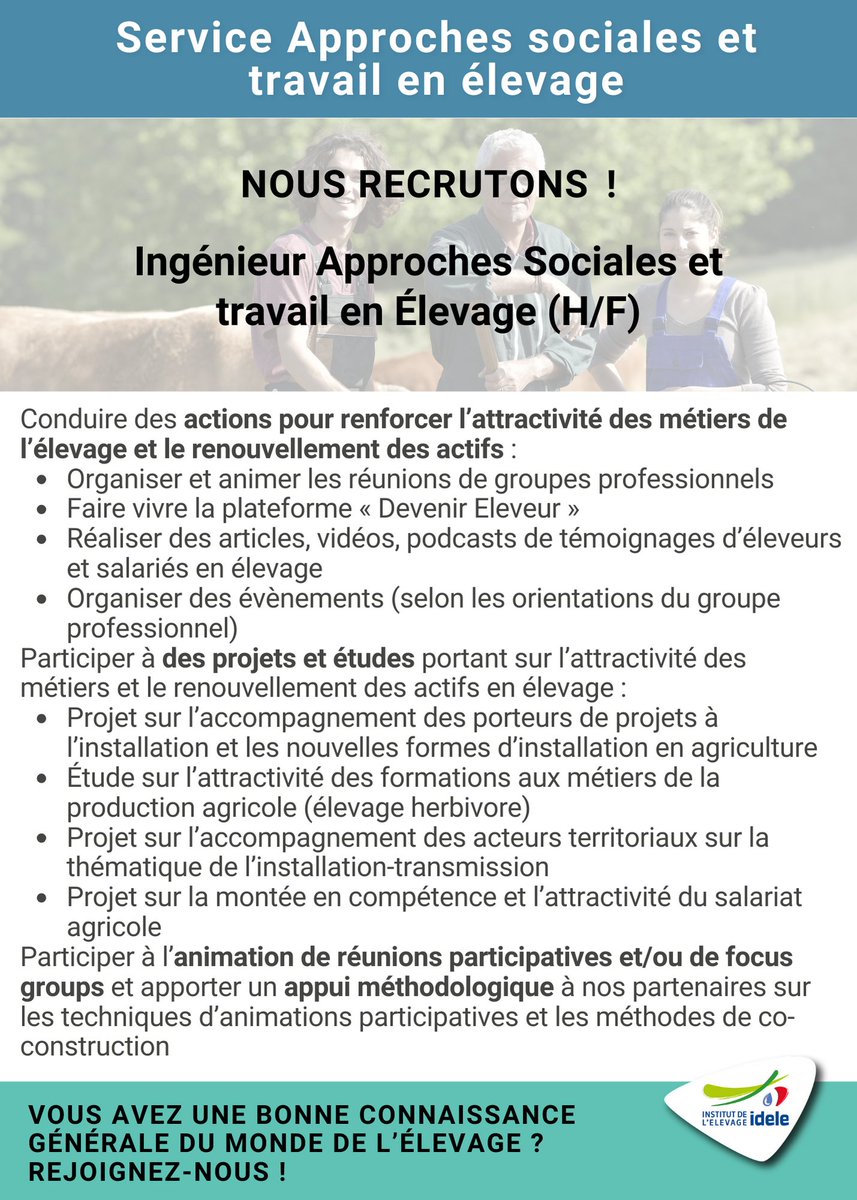 Offre d'#emploi | Ingénieur Approches Sociales et travail en #Élevage (H/F) ✅ Renforcer l'#attractivité des métiers de l’élevage & le renouvellement des actifs 👉 1ère expérience souhaitée 👉 Capacité d'animation 🔵 CDI ℹ️ cutt.ly/Aw4mDbkZ @neumeister_d @CharlotteDockes