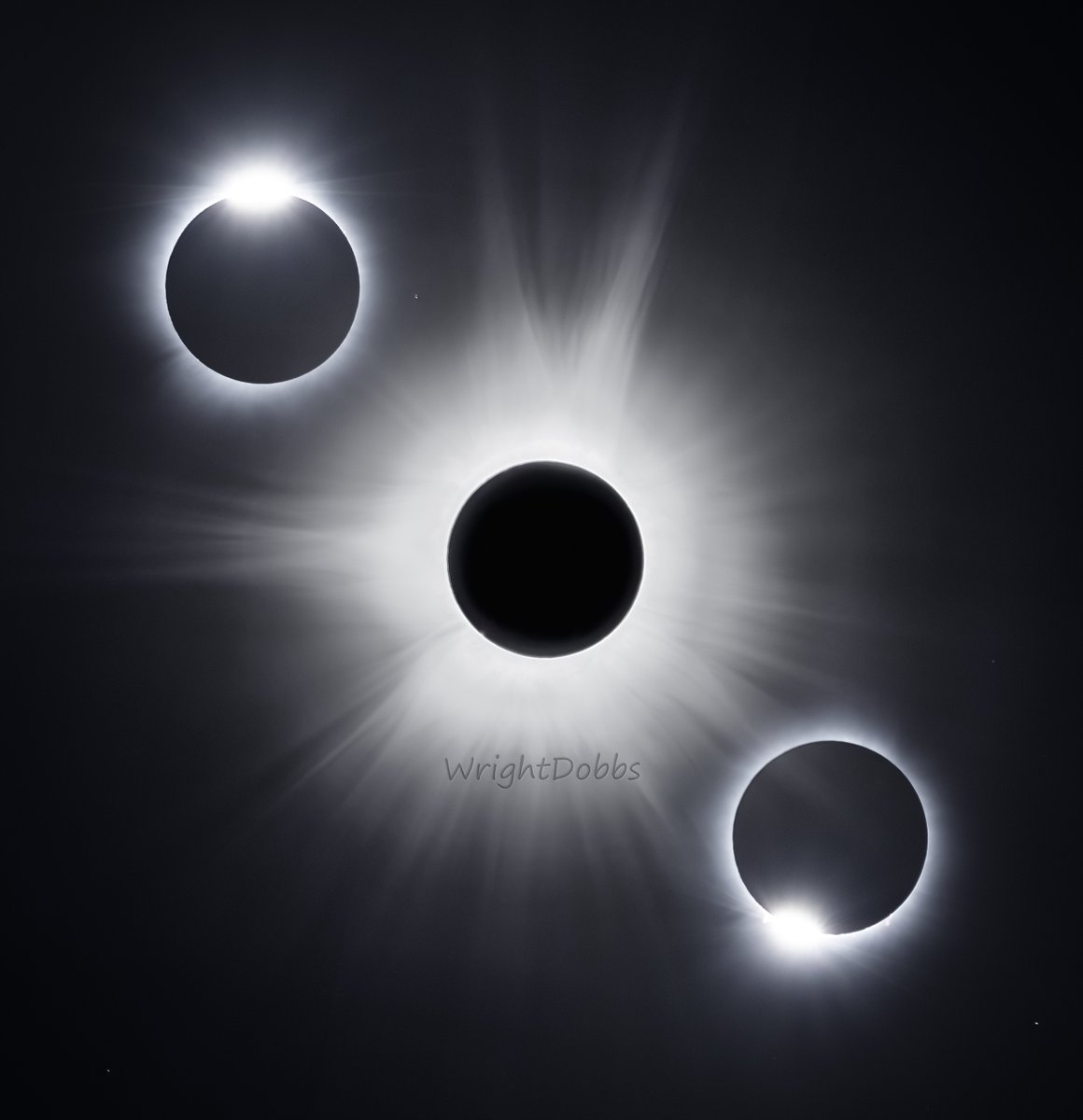 Had time this morning to work on my first eclipse composite. The two brilliant diamond rings before/after totality are composited here with the Sun's coronal streamers. This is a combination of multiple images to show the detail! #Eclipse2024 #SolarEclipse @spann #ARwx