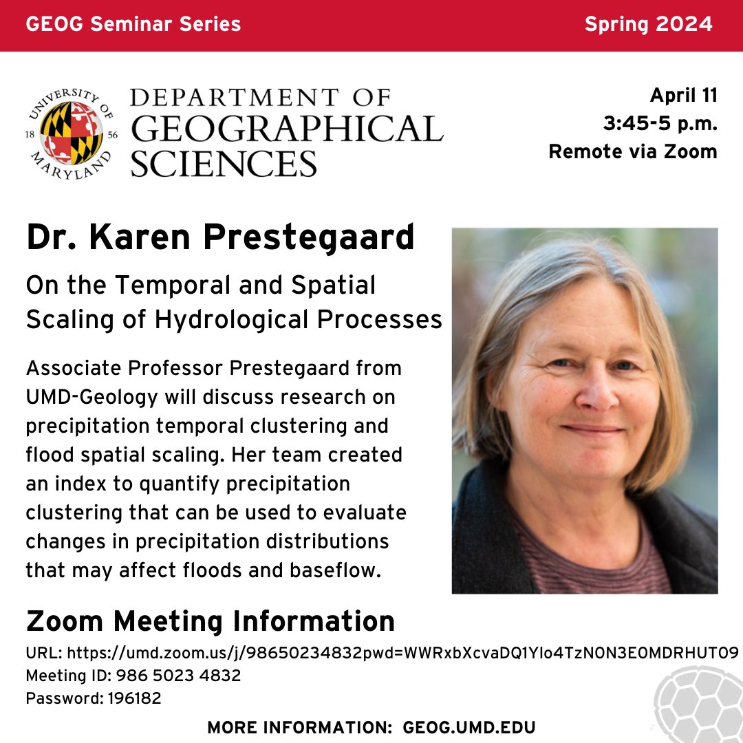 🌧️ How are climate change and land use affecting rainfall patterns and flood sizes? @umdgeology's Associate Professor Karen Prestegaard will share her research on hydrological processes this Thursday, April 11 at 3:45 p.m. via Zoom. Join us! go.umd.edu/floods-drought…