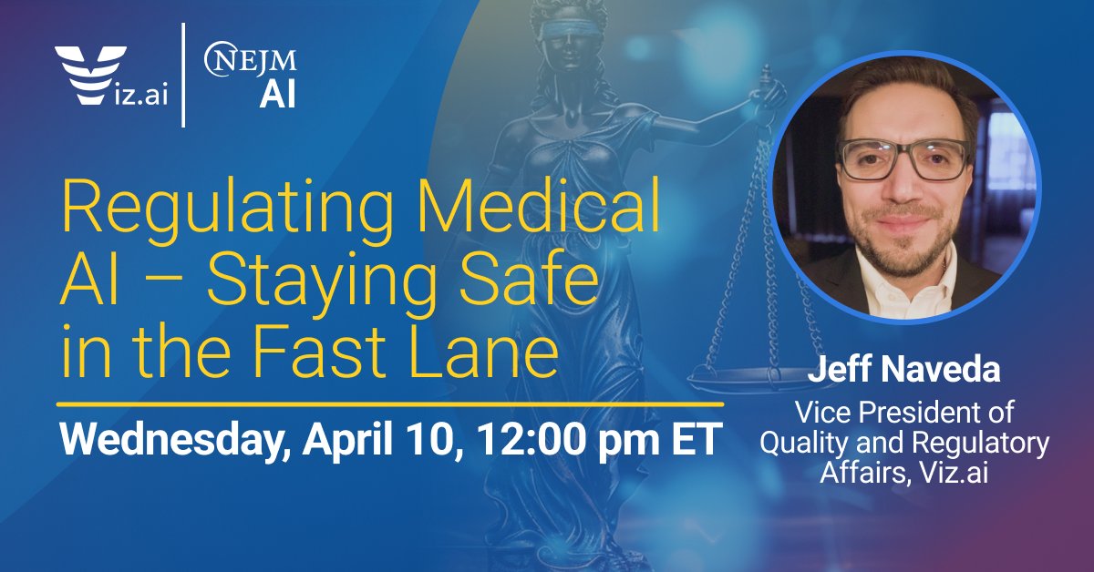 Don't miss Regulating Medical AI — Staying Safe in the Fast Lane taking place tomorrow 4/10 @ 12 pm ET hosted by @NEJM_AI. Our VP of Quality & Regulatory Affairs, @jeffnaveda will join #ClinicalAI experts for a lively discussion on the regulation of AI in medicine. Register to