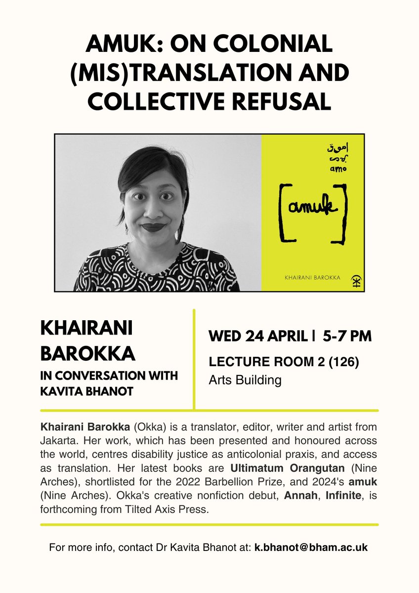 At @FCW_UoB we're thrilled to be hosting @mailbykite later this month to talk about her new collection Amuk @NineArchesPress with Dr Kavita Bhanot