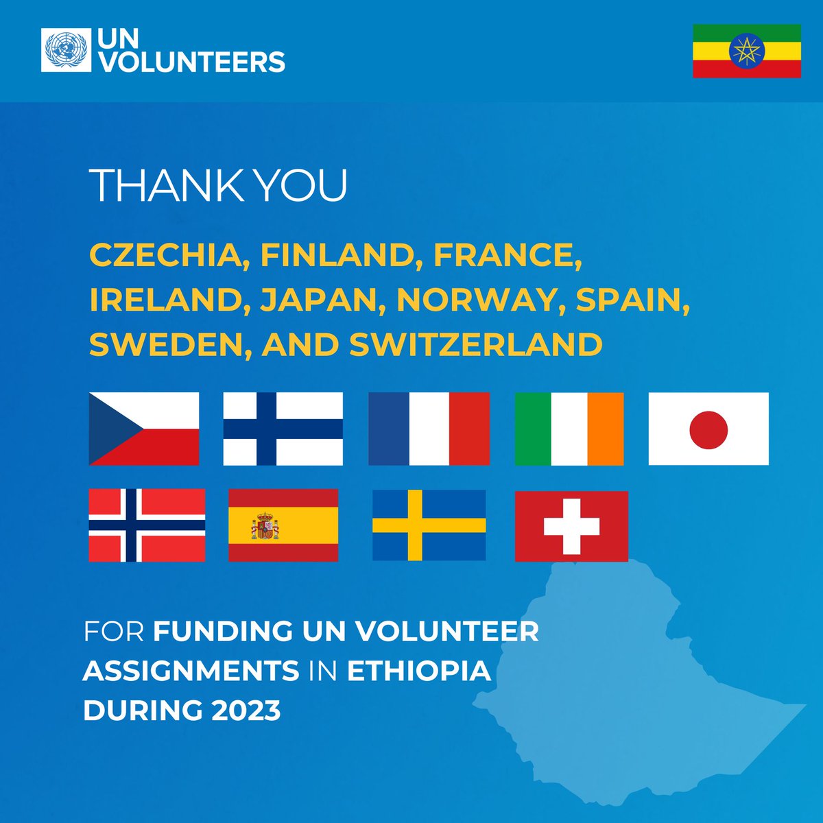 UNVolunteers's tweet photo. Czechia🇨🇿, Finland🇫🇮, France🇫🇷, Ireland🇮🇪, Japan🇯🇵, Norway🇳🇴, Spain🇪🇸, Sweden🇸🇪, and Switzerland🇨🇭are all investing in volunteerism in Ethiopia 🇪🇹

In 2023, 18 fully funded UNVs from these countries served in Ethiopia – exemplifying the role of volunteerism in #GlobalCooperation. https://t.co/OTXPr1ZuOc