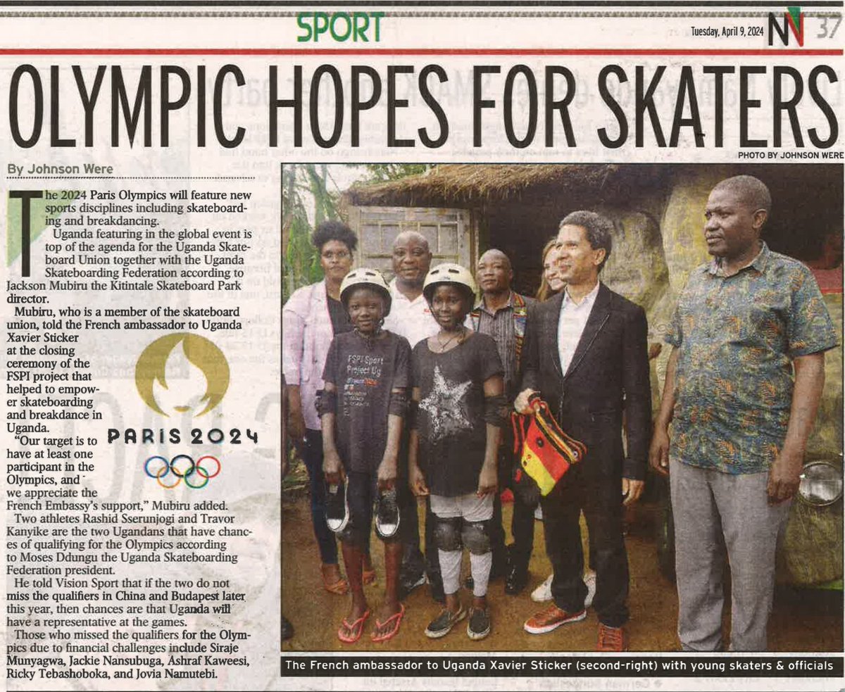 Skateboarding is among the new sport disciplines for @Paris2024 @newvisionwire Our project in #Kitintale aims to empower 🛹 in 🇺🇬 Kudos to Rashid Sserunjogi and Travor Kanyike who are qualified for the Olympics! We are behind you every step, stroke, or jump!🏆 @AFKampala