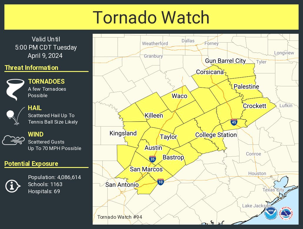 A Tornado Watch has been issued for much of the KVUE area, including Austin, until 5 PM. Make sure you have a way to get alerts today. #kvue #atxwx