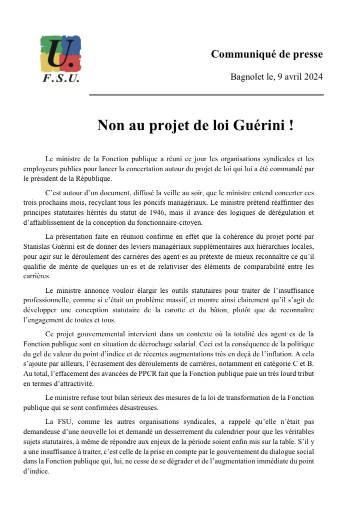 🔴 COMMUNIQUÉ @FsuNationale ❌Stop aux poncifs managériaux et au mythe du mérite. Stop au décrochage salarial ! ✅ Oui au fonctionnaire-citoyen et à l’augmentation du point d’indice sans conditions ! Oui au bilan sérieux de la lo TFP NON à une nouvelle loi @StanGuerini 👇