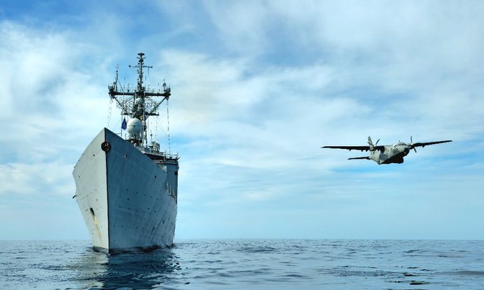 #NATO's main mission is to ensure the safety & security of over 1 billion citizens under its umbrella. 📸: 🇪🇸 Air Force CN-235 Maritime Patrol Aircraft flies alongside ESPS Navarra in the Western Mediterranean Sea. #WeAreNATO #OpSeaGuardian