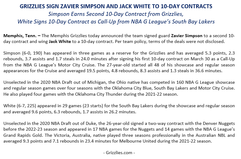 The @memgrizz today announced the team signed Zavier Simpson to a second 10-day contract and Jack White to a 10-day contract.