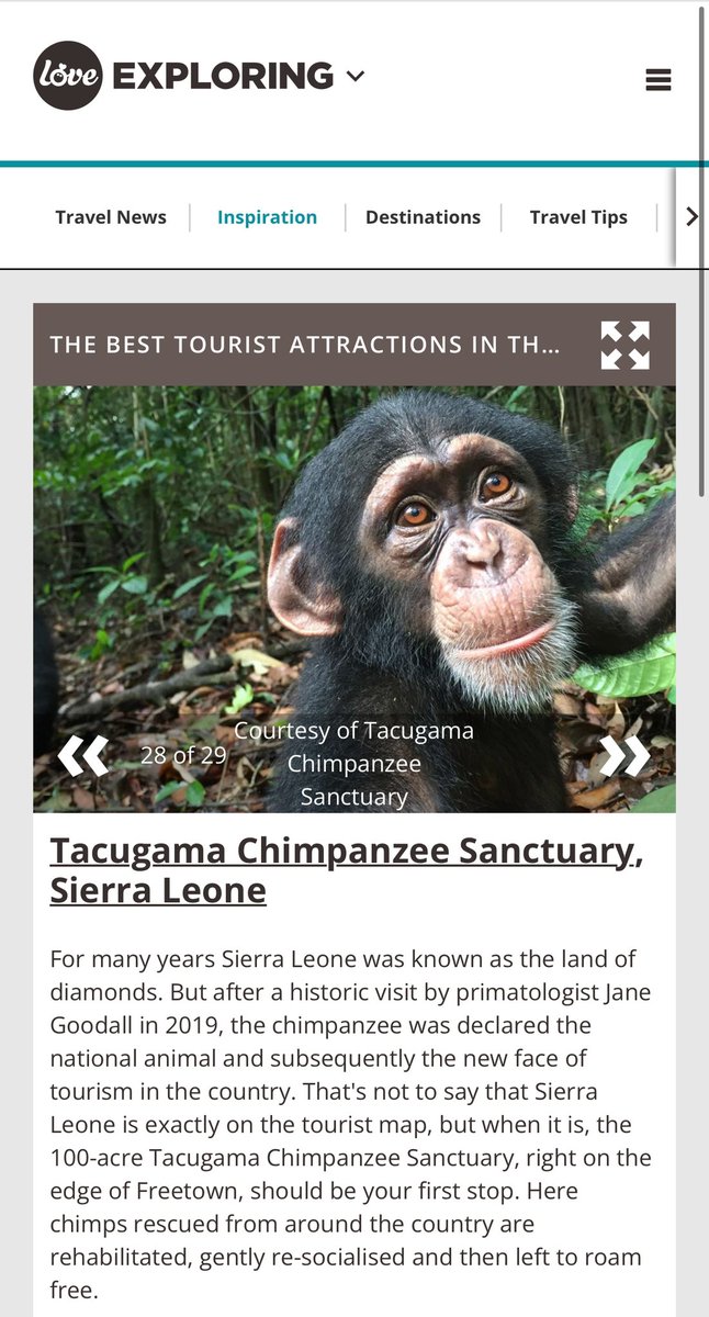 We're thrilled to share that Tacugama has been highlighted as the number one must-visit destination in Sierra Leone by Loveexploring.com! We take pride in being recognized among the best attractions globally. loveexploring.com/gallerylist/26…