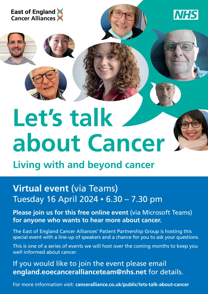 Still time to sign up to hear from Ceinwen Giles, CEO of Shine Charity who offer support to younger people living with cancer. Tuesday 16 April 2024 6-30 – 7.30pm. Email england.eoecancerallianceteam@nhs.net to register.