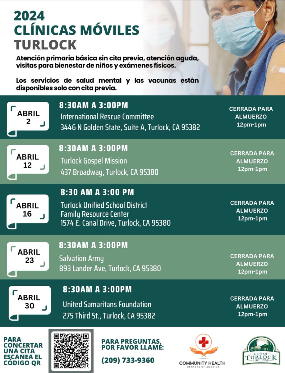 The TUSD Family Resource Center will be hosting a Turlock Mobile Clinic April 16 from 8:30 AM-3:00 PM in West Wing 4 at 1574 E. Canal Drive. FREE walk-in basic primary care, acute care, well-child visits, vision screening, and physicals are available. See flyer for details. #TUSD