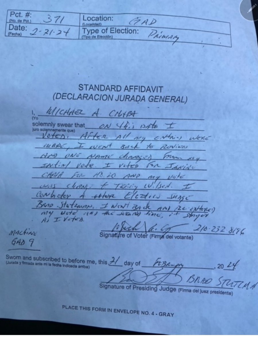 This is a Standard Affadavit Form used in Texas to document malfunctions or concerning incidents that occur during an election period. You can submit a PIA request for all Standard Affadavit Forms to your County Attorney's Office or other PIA request Officer in your County.