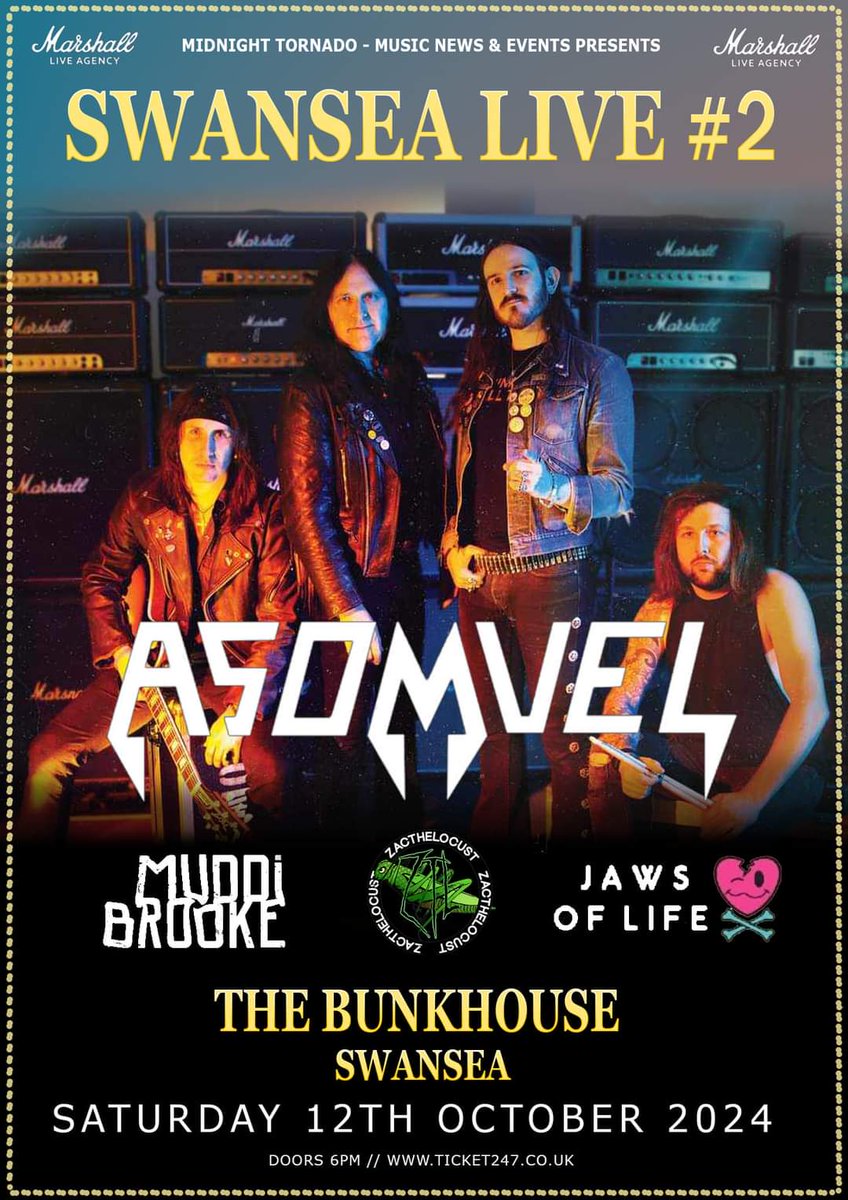 For those that missed it last night Midnight Tornado #Swansea Live #2 is BACK in #October and it's shaping up to be a great night at @TheBunkhouseSA1 with #Asomvel, @MuddiBrooke, @LocustZac & @JawsOfLifeBand!!! facebook.com/share/zDiYBY19… @MTMNAE @MTShows @marshallamps