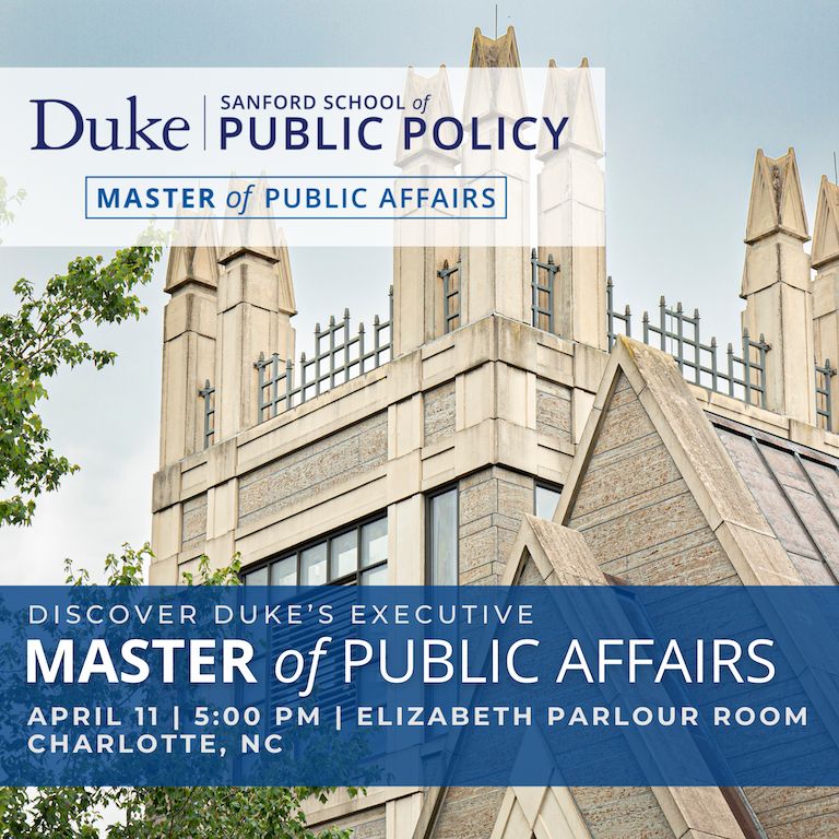 Join us this Thursday in Charlotte to discover everything you need to know about our hybrid executive Master of Public Affairs degree! Meet with MPA Program Director, Asher Hildebrand, and explore how the MPA at Duke can advance your career. Register: duke.is/z/8r4e