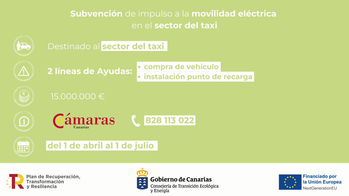🚕 ¿Eres taxista y autónomo en Canarias? ¿Formas parte de una cooperativa de taxistas? 🟢 @EcologicaGobCan destina 15 millones de euros para impulsar la movilidad eléctrica en este sector 🚀Presenta tu solicitud entre el 1 de abril y el 1 de julio de 2024
