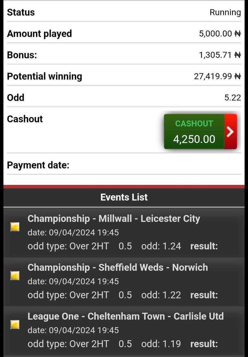 5 ODDS ON @Bet9jaOfficial 🍀 2ND HALF OVER 0.5 Booking Code: 6GFZXLH Coupon Code/Bet ID: B9TG2735492890B-19726016 Telegram ➡️ t.me/promisepunts Bet responsibly 🔞 Fund easily with Opay/Palmpay 💡