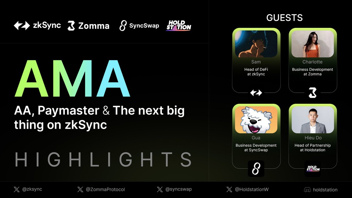 👋 zkSync fam, get hyped! #AccountAbstraction, #Paymaster, and an AMA full of juicy info #Holdstation thrilled to be part of the crew! Huge thanks to @zkSync @syncswap & host @ZommaProtocol for the awesome AMA! Check out the highlights below 👇