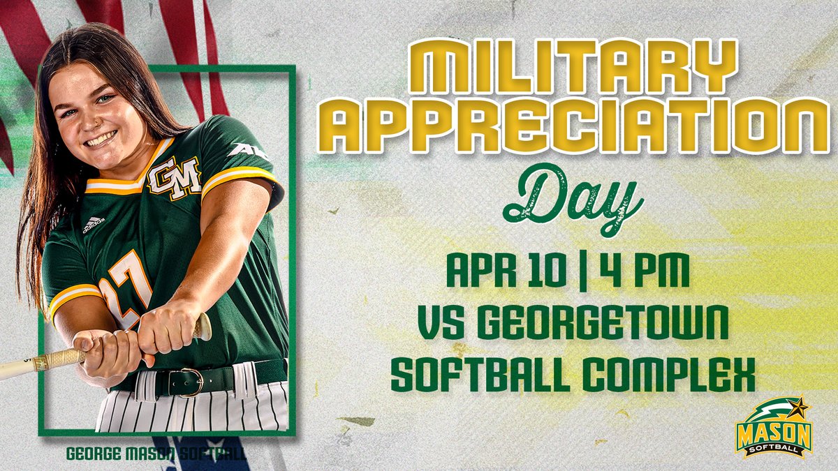 𝐌𝐢𝐥𝐢𝐭𝐚𝐫𝐲 𝐀𝐩𝐩𝐫𝐞𝐜𝐢𝐚𝐭𝐢𝐨𝐧 𝐃𝐚𝐲 𝐓𝐨𝐦𝐨𝐫𝐫𝐨𝐰 Come out to the GMU Softball Complex tomorrow at 4 p.m. as we take on Georgetown! There will be a koozie giveaway, a presenting of the colors by the Mason ROTC and a first pitch by Matt Mallory #Team47🥎🔰