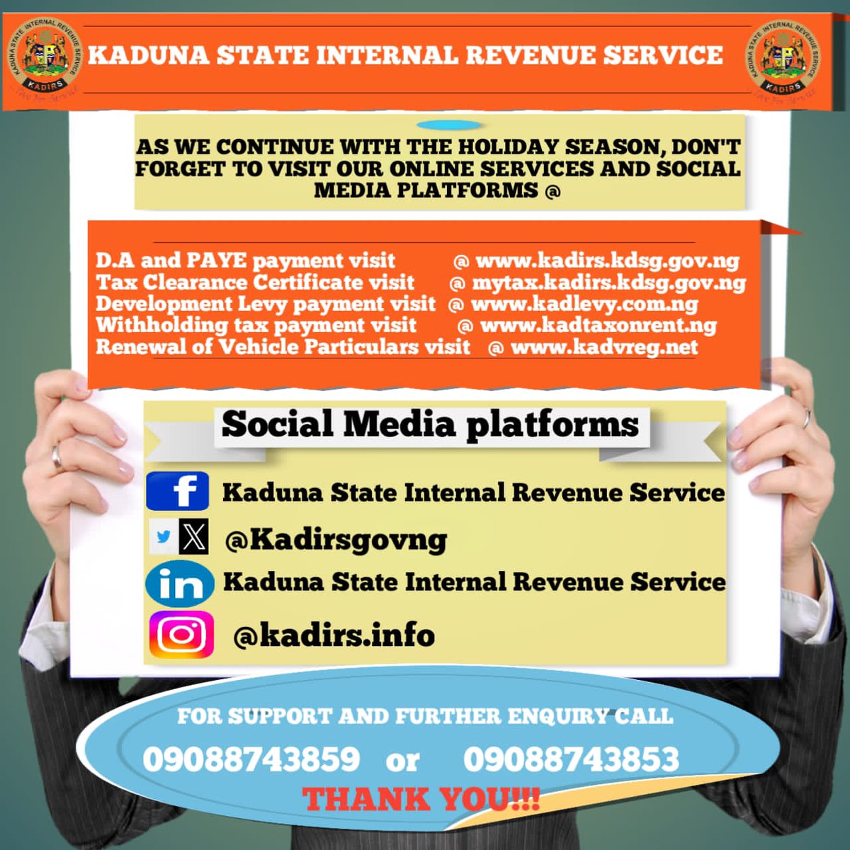 AS WE CONTINUE WITH THE HOLIDAY SEASON DON'T FORGET TO VISIT OUR ONLINE SERVICE AND SOCIAL MEDIA PLATFORMS @kadirsgovng @Abdool85