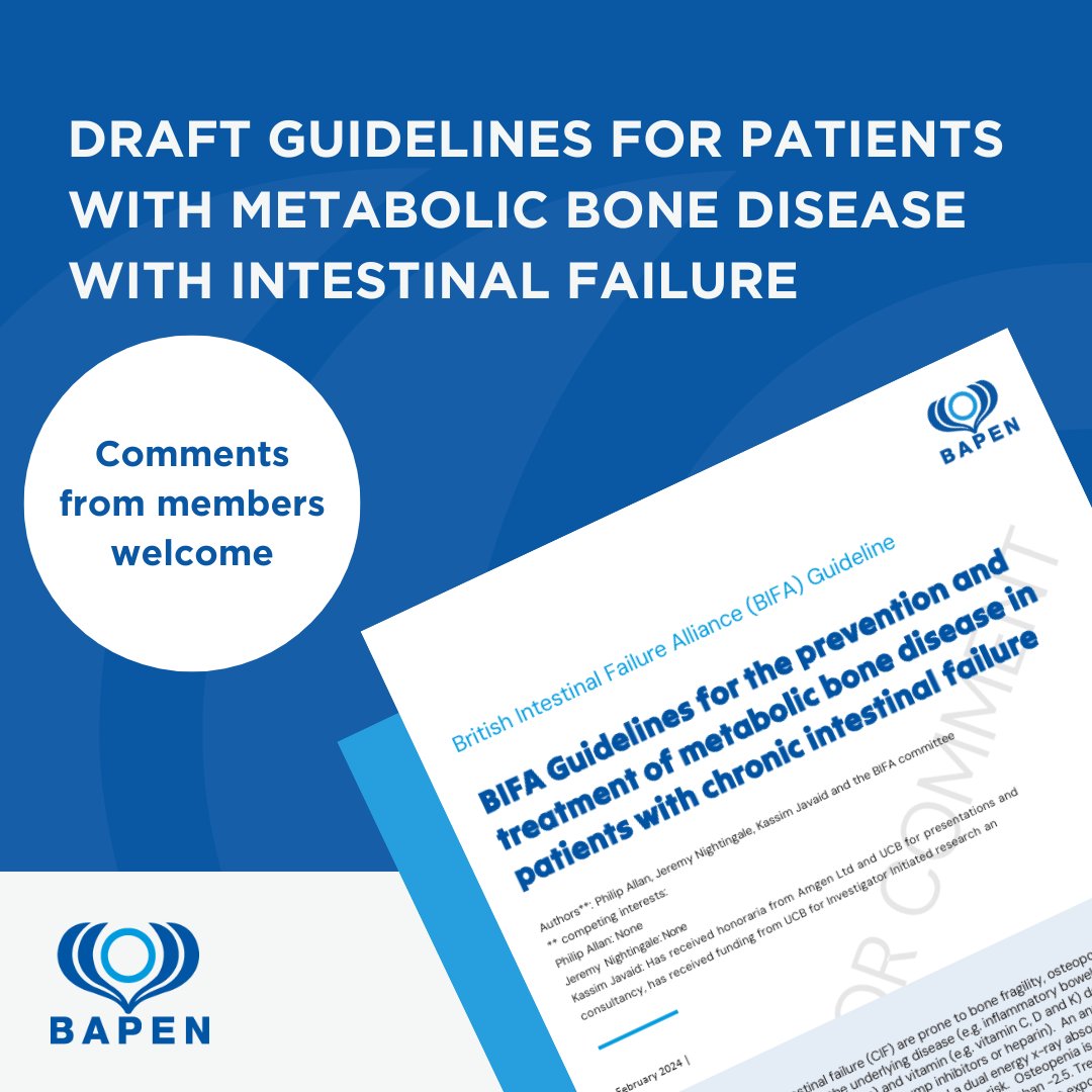 BIFA has recently published new guidelines for the prevention and treatment of metabolic bone disease in patients with chronic intestinal failure. Comments from members are welcome. The guidelines are available here: bit.ly/3OT8Q1W