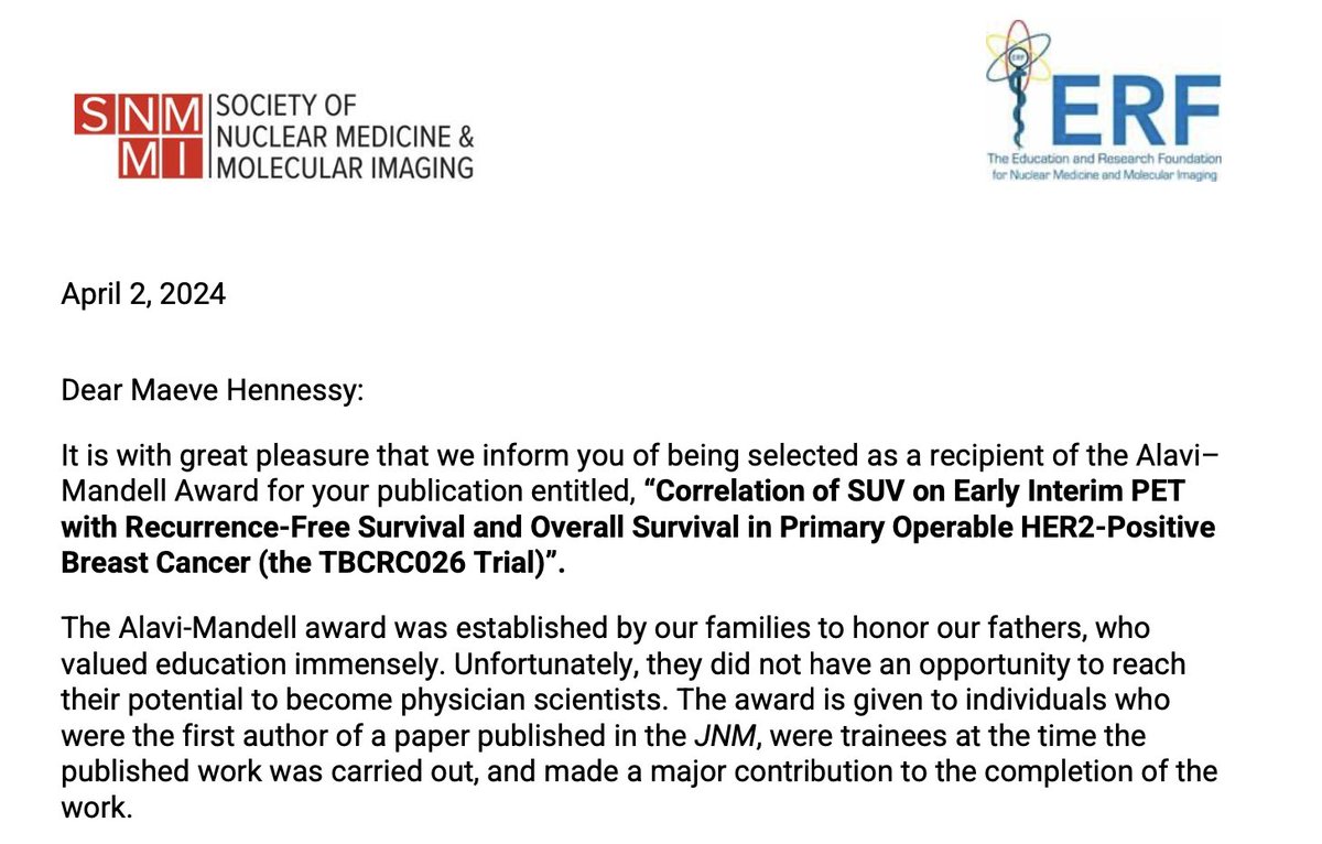 👏 Congratulations to @BreakthroCancer Research Fellow Dr. Maeve Hennessy on receiving the Alavi-Mandell Award from @SNM_MI for her publication in the Journal of Nuclear Medicine. Well deserved! @HennessyMaeve #CancerResearch