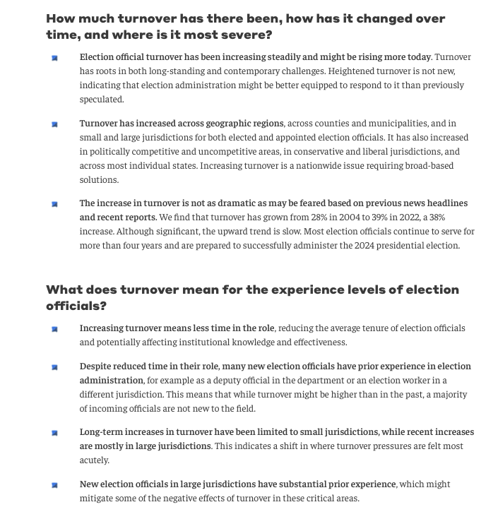 Election administration turnover is higher than it should be, but not yet catastrophic. bipartisanpolicy.org/report/electio…