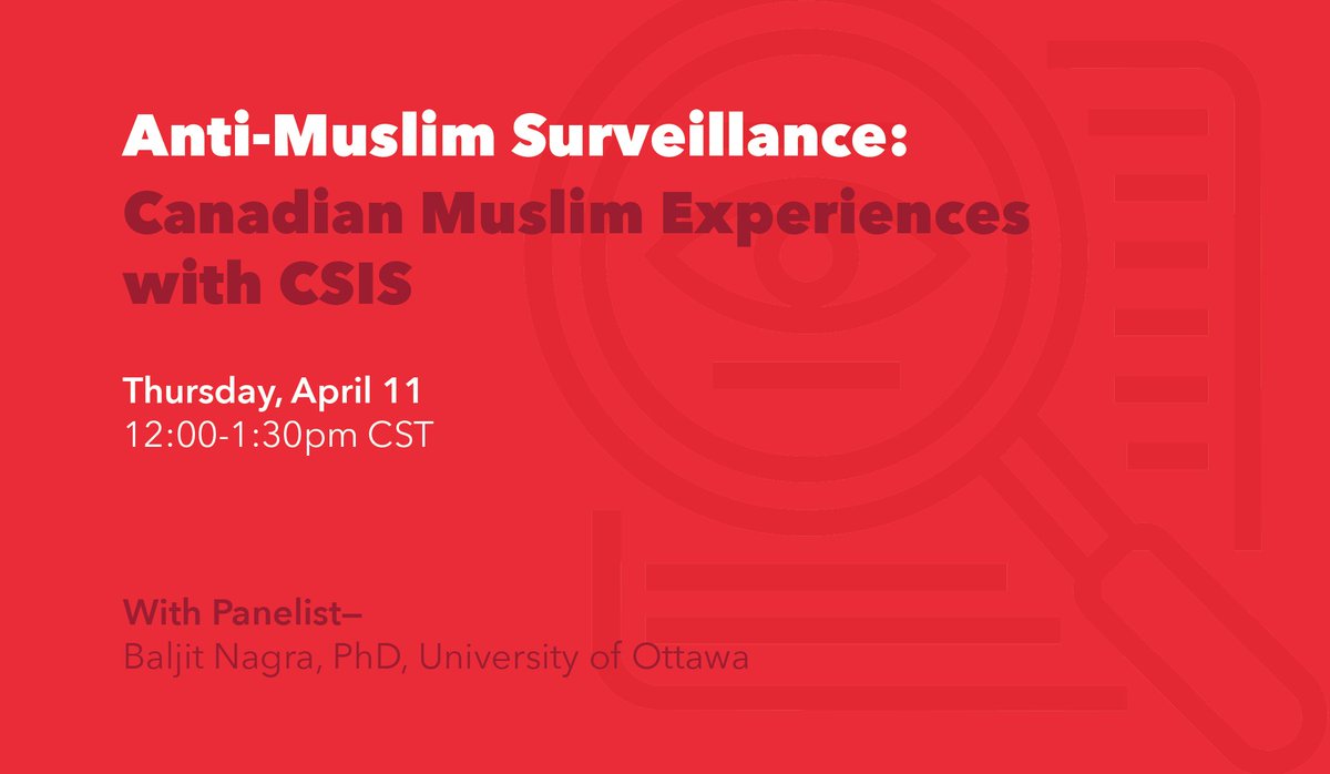 CAIJ Zoom webinar. When: Apr 11, 2024 12:00 PM Central Time. Topic: Anti-Muslim Surveillance: Canadian Muslim Experiences with CSIS. Who: Dr. Baljit Nagra, University of Ottawa. Register here: us06web.zoom.us/webinar/regist…