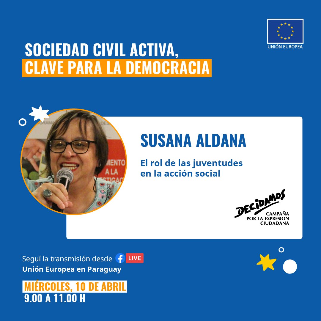 ✅6 iniciativas trabajarán para reducir desigualdades y promover derechos humanos en el país 🇵🇾

Con apoyo de la UE, presentaremos la charla "El rol de las juventudes en la acción social"  
<a href="/CEPAGpy/">CEPAG</a> <a href="/FEYALEGRIAPY/">FE Y ALEGRIA PY</a> <a href="/UEenParaguay/">UE en Paraguay</a>