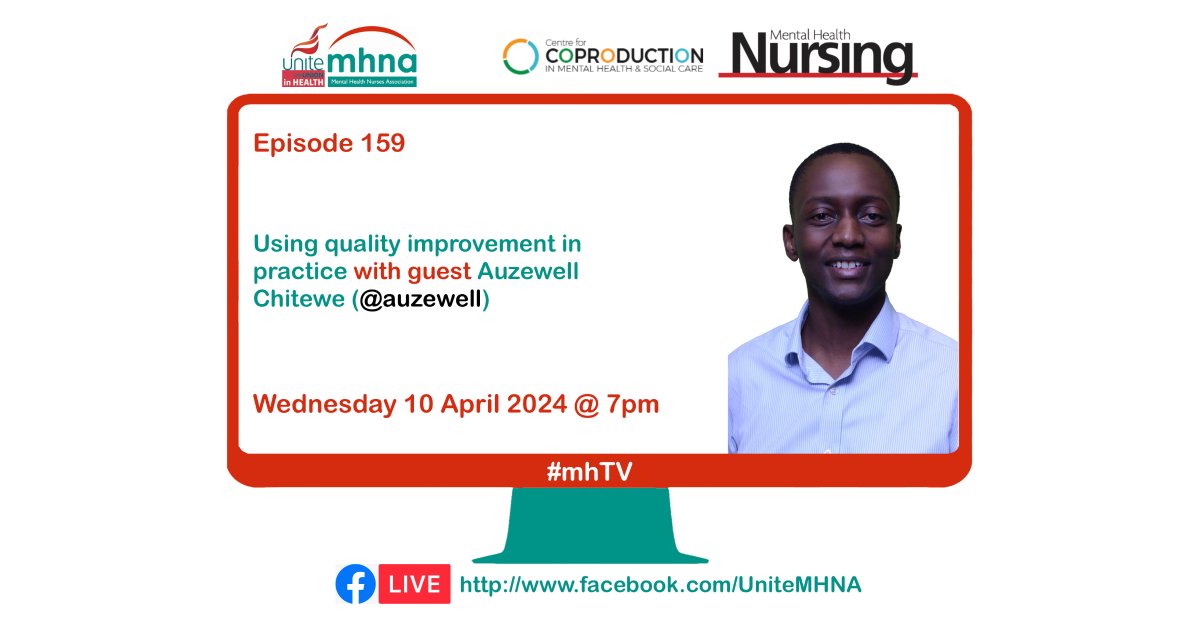 On tomorrows #mhTV, @niadla & @VanessaRNMH will be talking to @auzewell about 'Using quality improvement in practice'. You can watch the episode live at 19:00 via facebook.com/UniteMHNA.