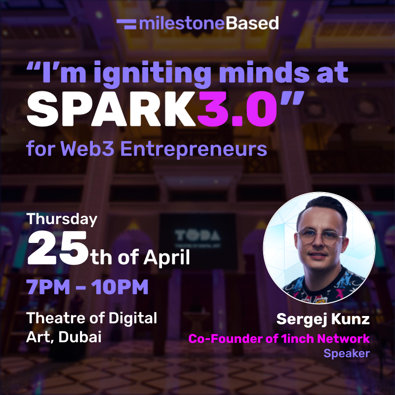 🚀 Don't miss out! @deacix , Co-Founder of @1inch Network, is joining us at SPARK 3.0! 🌟There are not many places left, hurry up to grab your spot now👇: lu.ma/1v8oj133 Stay tuned on Telegram for more updates: t.me/milestoneBased… 🎤