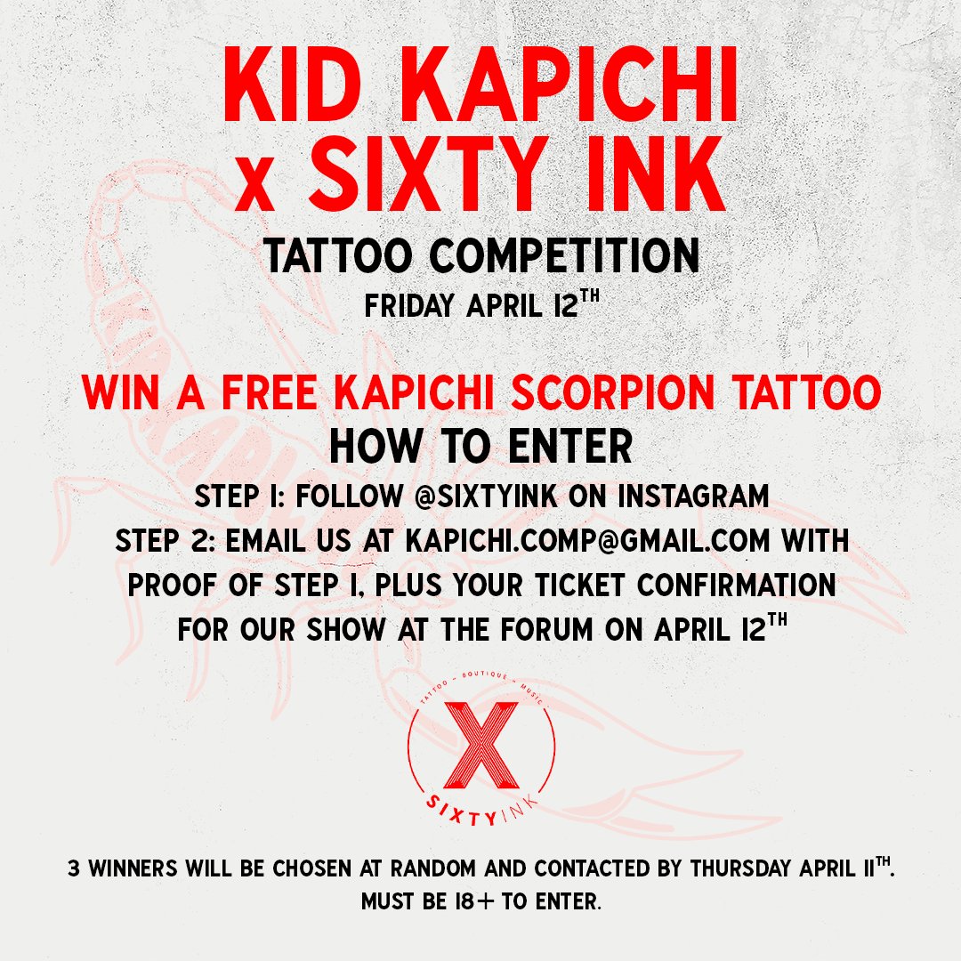 🚨 One more day to enter! 3 lucky people will get a free Kid Kapichi tattoo 🦂 And even if you don't win, Sixty Ink are offering the same design for only £60 on on the day. First come, first served. We might pop down as well...