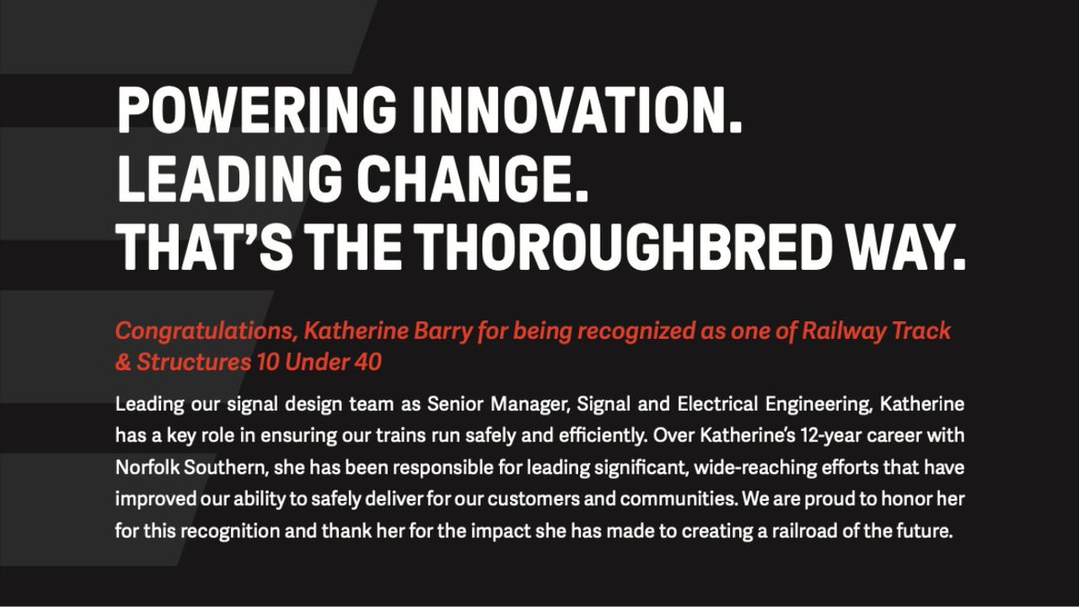 Congratulations, Katherine Barry, for being recognized as one of @RTSMag's 10 Under 40! She plays a vital role in ensuring our trains run safely and efficiently: bit.ly/4cNaH2B As Ed Boyle, VP Engineering, said, “Kate has a strong determination to make a positive impact…