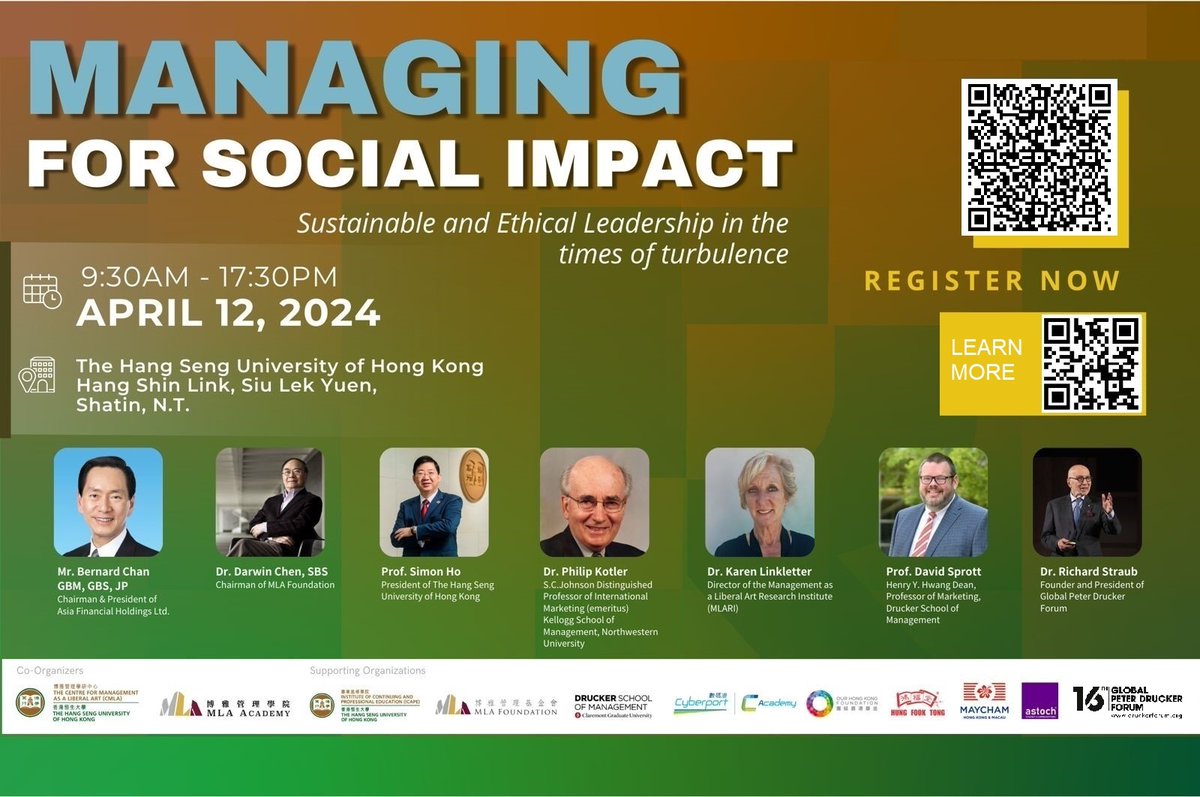 This Friday, our Founder and President @rstraub46 will be taking the stage at the 'Managing for Social Impact' conference organized by The Hang Seng University of Hong Kong and MLA Academy. April 12, 09:30 HKT, 03:30 CET More info👇🏻 druckerforum.org/2024/partner-e… #nextmanagemen #gpdf