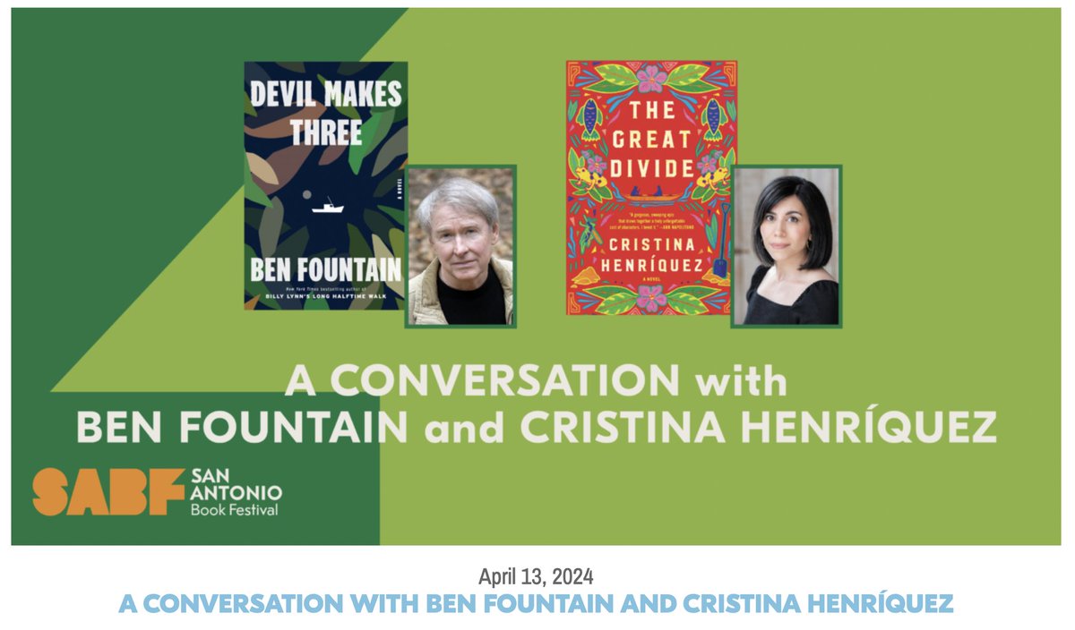 So excited to be moderating this panel with Cristina Henríquez and Ben Fountain at the @SABookFestival this Saturday! 4 PM. Come out and see us!