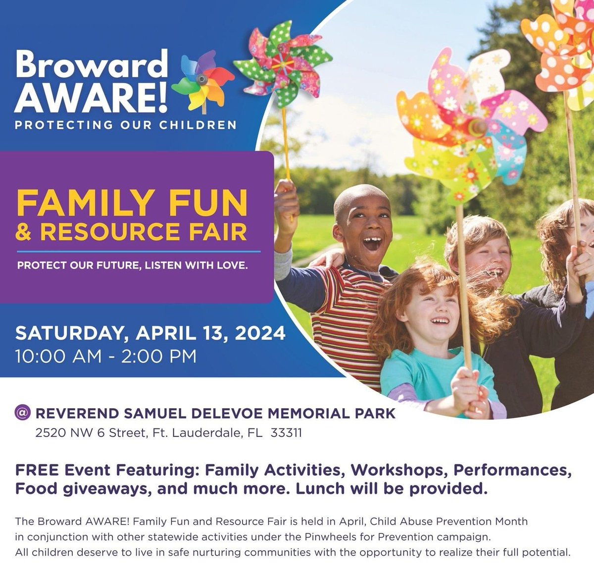 🎉 Don't miss the Broward AWARE! Family Fun and Resource Fair at Rev. Samuel Delevoe Park on April 13th, 10am-2pm! Free family activities, workshops, food, and more! Don't miss out! #FamilyFunFair #ProtectingOurChildren @CSCBroward Click here for details: cscbroward.org
