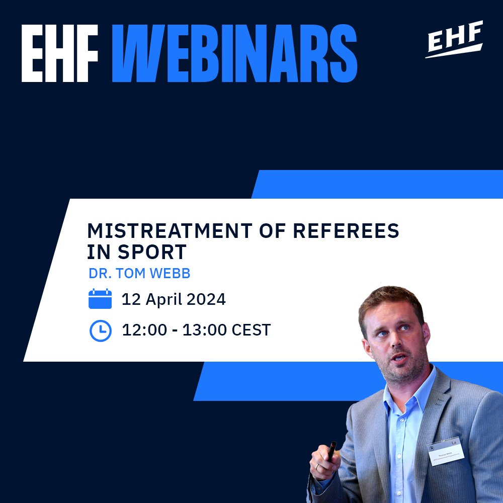 The next EHF webinar, with Dr. Tom Webb, will focus on the abuse of referees and sports officials. How can we understand and challenge some of these issues and behaviours? Register for the webinar and get involved in the discussion 👉 events.ringcentral.com/events/mistrea…