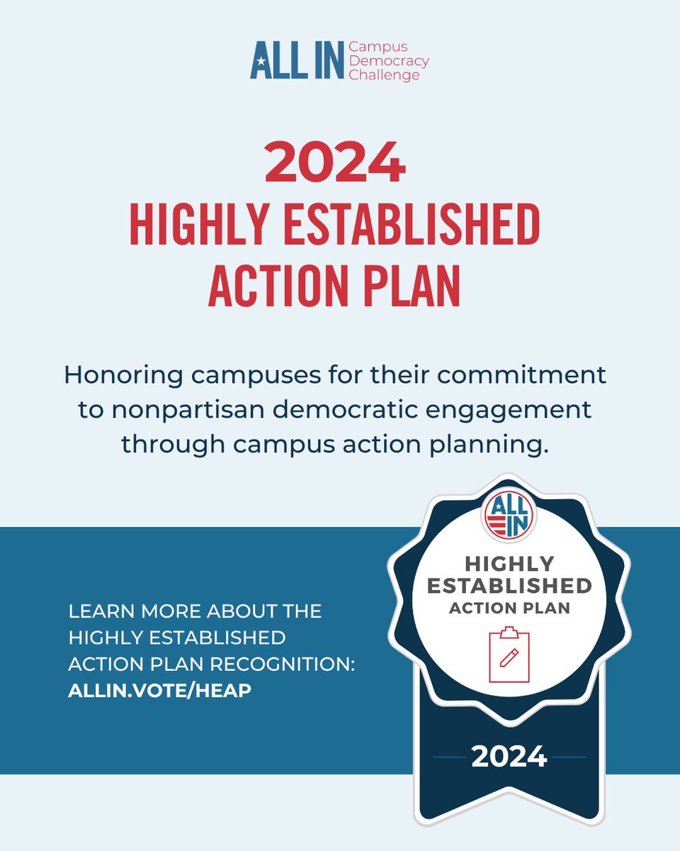 📷We’re proud to receive the Highly Established Action Plan Seal from @AllInToVote! This recognition is awarded to campuses with strong action plans exploring innovative strategies to increase nonpartisan democratic engagement on campus: allin.vote/HEAP