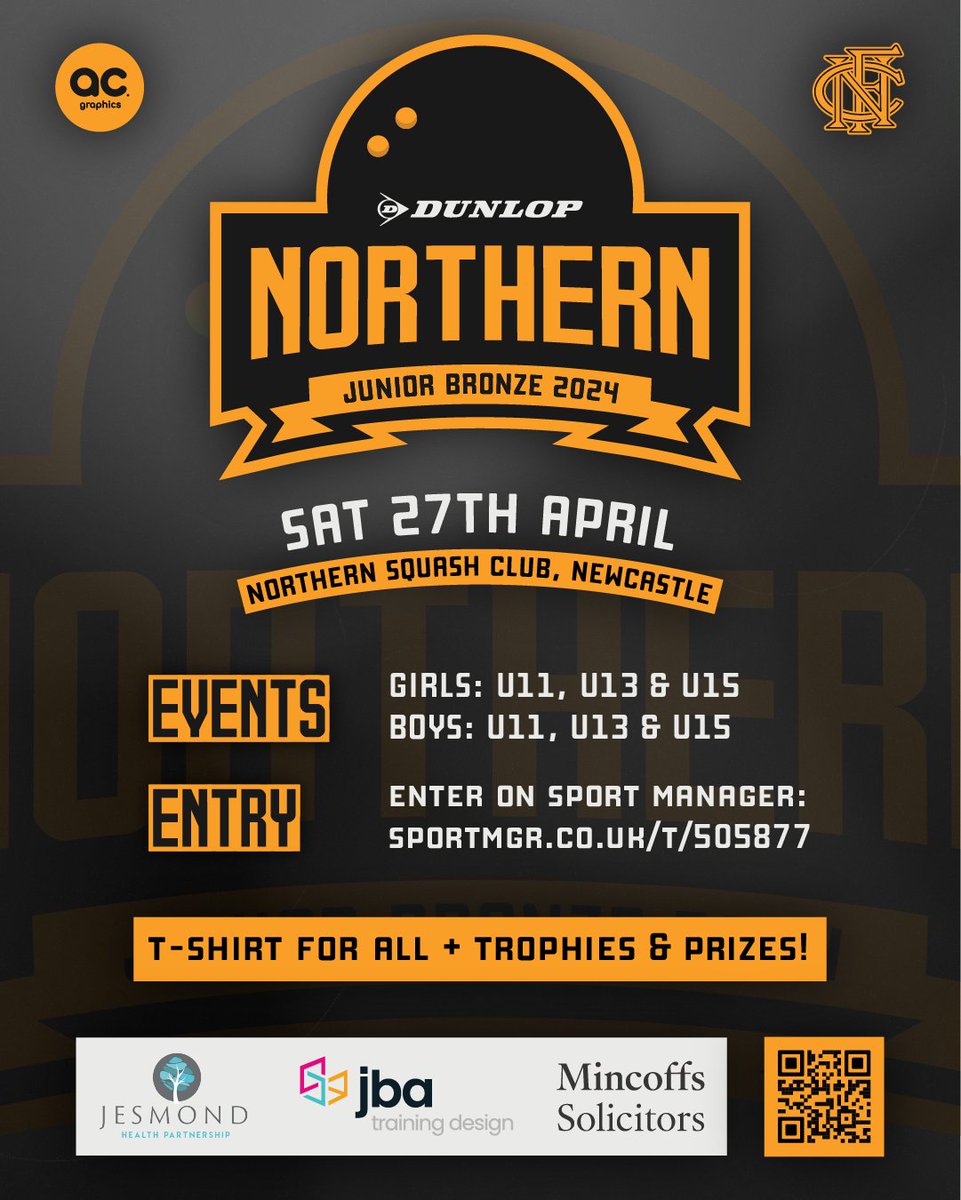 🟠 NORTHERN JUNIOR BRONZE 🟠

The closing date has been pushed back, so you don't miss out, draws are filling up quickly!

📅Sat 27th April
🚹BU11, BU13 &amp; BU15
🚺GU11, GU13 &amp; GU15

T-shirt for all + prizes provided by Dunlop Squash!

Sign-up by 17th April: sportmgr.co.uk/t/505877